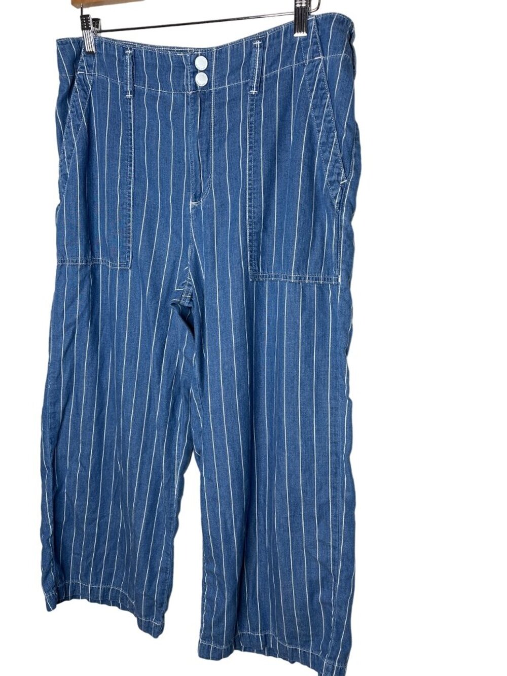 Seven7 Women Wide Leg Jeans Size 12 High Rise Blue Chambray Stripe